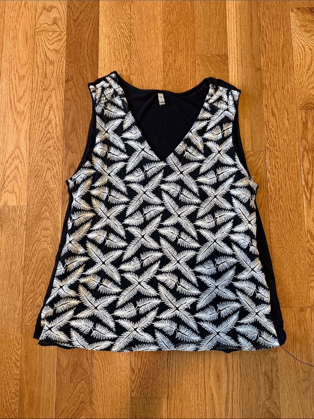 V-Neck Black Tank with White Fern Print